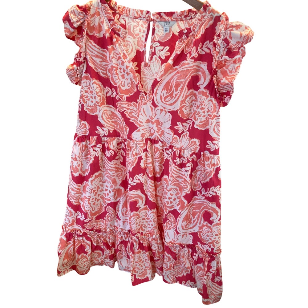 Crown & Ivy Pink Floral Paisley Tiered Babydoll Mini Dress Ruffle Sleeve 2X